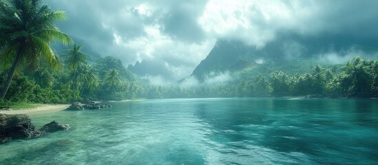 Mysterious tropical landscape with looming storm clouds over serene waters and lush greenery on a remote island paradise