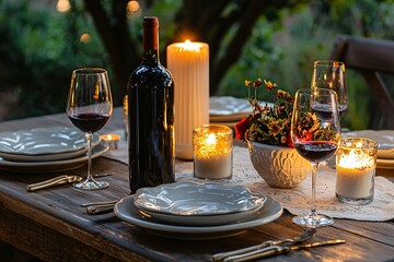 A cozy dinner setup for couples, adorned with candlelight, sophisticated tableware, and a premium wine, perfect for a romantic evening.