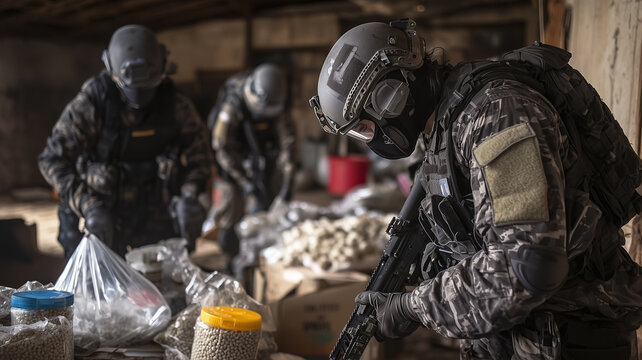 police raid on hidden drug lab showcases intense operation as officers in tactical gear secure evidence and ensure safety