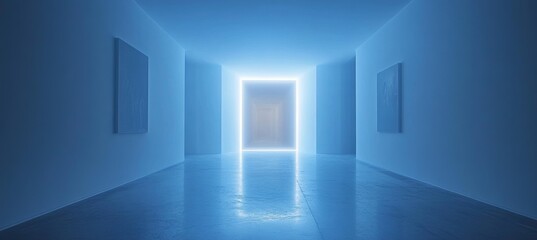 Empty room corridor with glowing light teleport portal door. Generative AI technology.	
