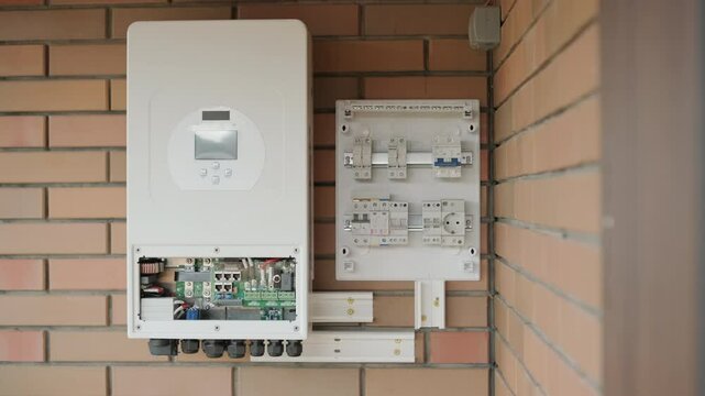 An electrician installing an inverter in a home. The image shows technical skill, modern tools, and attention to safety in electrical work