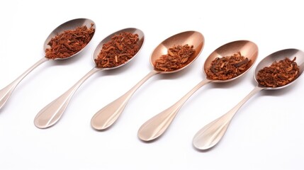Obraz premium Rooibos tea displayed in wooden spoons arranged in a row on a clean white background showcasing its distinct color and texture.