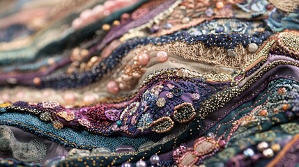 Obraz premium This close-up showcases the exquisite craftsmanship of textile art through intricate patterns, rich textures, and delicate beadwork.