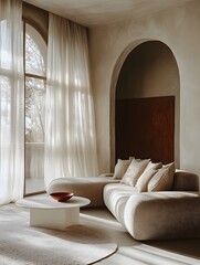 Minimalist Living Room with Curved Sofa and Round Coffee Table: A Serene Space Featuring Neutral Tones, Sheer Curtains, and Elegant Decor Elements for a Modern and Cozy Ambiance.