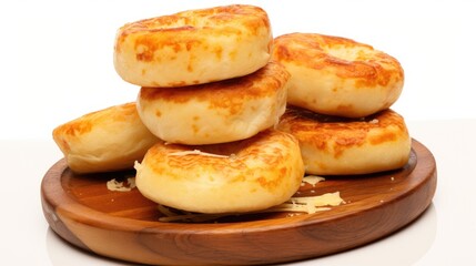 Stack of golden brown cheese breads on a wooden plate against a clean white background showcasing delicious baked goods.