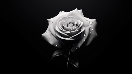 Elegant black and white rose flower with water droplets isolated on a dark background for a refined aesthetic appeal.
