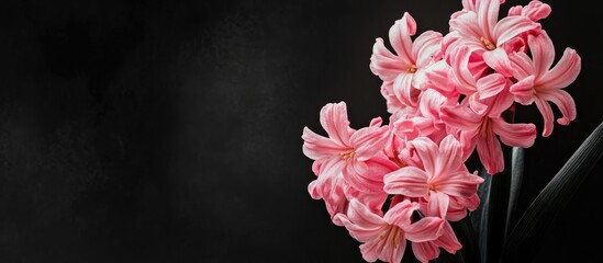 Pink hyacinth flowers blooming elegantly against a dark background with space for personalized greeting card text or message.