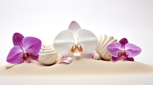 Shells and orchids beautifully arranged on sand against a clean white background for a serene and elegant visual composition