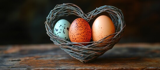Heart-shaped wire basket with colorful chicken and quail eggs on rustic wooden surface showcasing a charming and organic decoration.