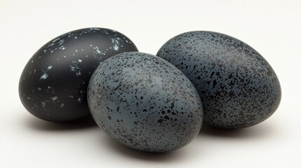 Three textured dark chicken eggs arranged neatly on a clean white background showcasing their unique speckled patterns and colors.