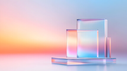 3d render, abstract geometric background, translucent glass with violet pink blue gradient, simple square shapes