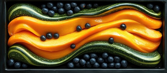 Colorful arrangement of delicata squash and blueberries in a modern display for seasonal food marketing and culinary presentations