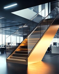 Modern office interior featuring a sleek staircase with glass railings and illuminated steps.