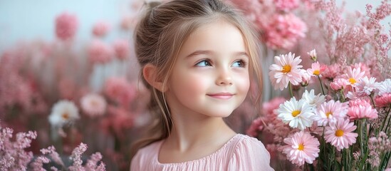 Fototapeta premium Smiling girl in pink dress surrounded by spring flowers showcasing joy and innocence ideal for seasonal marketing and floral themes
