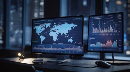 Insight into stock market expansion, business investments, and data analytics, illustrated with digital charts, graphs, and indicators on a blurred dark blue background