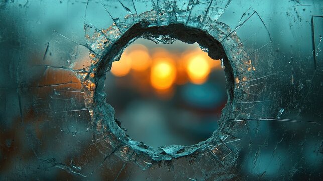 Cracked window with circular shot hole and blurred lights in background creating a dramatic and textured visual effect.
