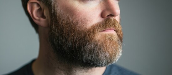 Obraz premium Bearded man in profile showcasing a thoughtful expression against a soft grey background in a studio setting
