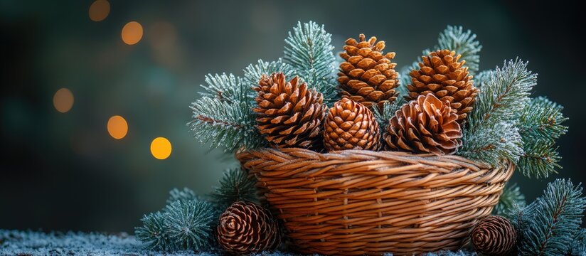 Cozy Christmas decor with a wicker basket filled with pine cones and branches set against a dark background with soft glowing lights.
