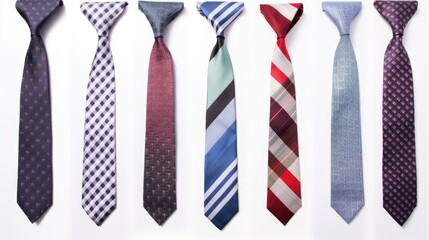 Diverse Collection of Neckties in Various Patterns and Colors on a White Background