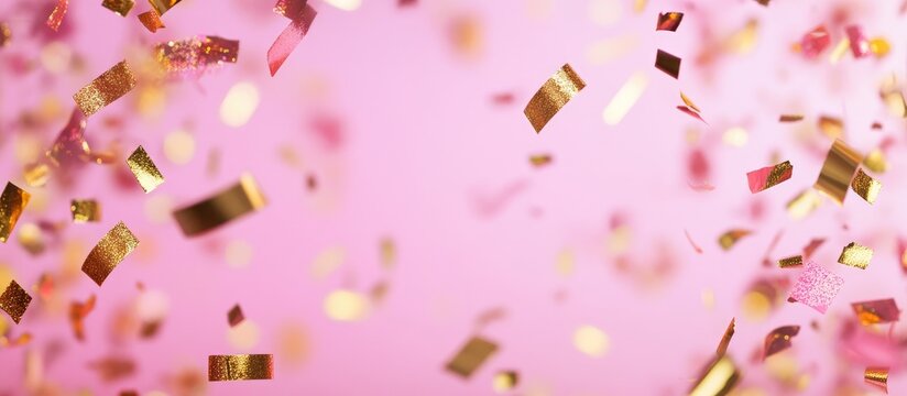 Pink background adorned with shimmering golden confetti and vibrant bokeh for festive celebrations and joyful events