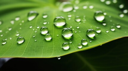 Raindrops glistening on a vibrant green lotus leaf showcasing nature's beauty and tranquility