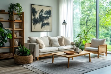 Modern Living Room with Cozy Beige Sofa, Wooden Bookshelves, and Large Window Overlooking Greenery, Featuring Minimalist Decor and Natural Light.