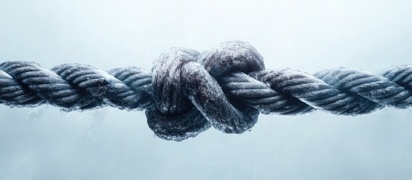 Strong durable steel cable knot showcasing strength and resilience in material science against a misty background for industrial themes