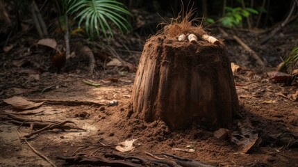 Obraz premium Old stump surrounded by dried coconut leaves in a forest setting with rich soil and natural lighting highlighting the textures of nature.