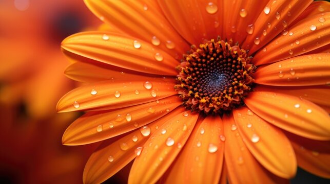 Macro shot of vibrant orange daisy flower with water droplets showcasing intricate details and natural beauty in soft lighting