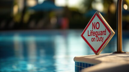 Prominent swimming pool warning sign with red "No Lifeguard on Duty" text near pool edge. Water parks, safety education, schools, water safety, drowning prevention, swimming rules, child safety