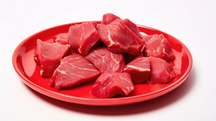 Fresh raw beef fillet medallions arranged on a vibrant red plate isolated against a clean white background ideal for culinary presentations