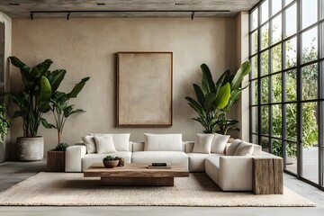 Elegant Living Room with Rustic Wooden Ceiling, Neutral Tones, and Lush Greenery Featuring a Cozy White Sofa, Wooden Coffee Table, and Large Potted Plants by a Sunlit Window.