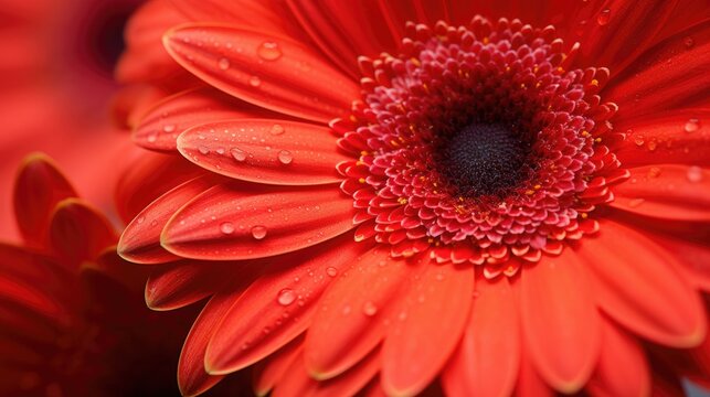 Vibrant close-up of a red gerbera daisy showcasing intricate details and water droplets on petals for floral beauty showcases. - Powered by Adobe