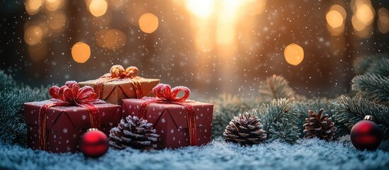 Luxury holiday gift boxes amidst shimmering snow and festive decorations on a serene winter backdrop creating a cheerful seasonal atmosphere