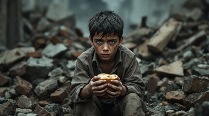 Starving child holding bread in front of rubble with intense gaze for hunger crisis awareness