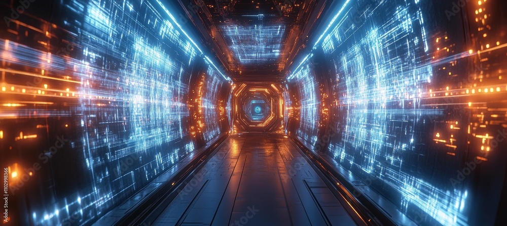 Poster Cyberspace tunnel corridor portal. Virtual data wireless transfer. Generative AI technology.	
