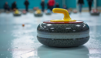 Curved stones glide across the icy surface in a spirited curling match during winter sports event