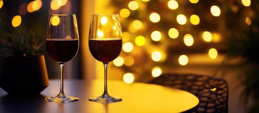 Glasses of champagne on a table with yellow bokeh lights creating a festive celebration atmosphere in an elegant setting