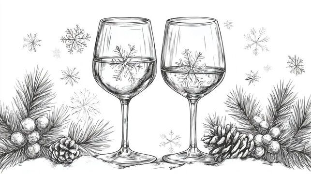 Two  glasses of champagne with Christmas tree branches in snow on white background. Hand drawn. 
