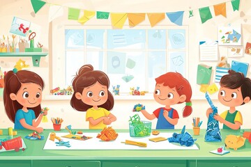 A bright cartoon scene of children creating crafts from recyclable materials, with a colorful and inspiring eco-friendly classroom setting