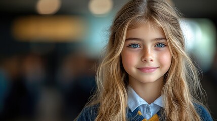 Obraz premium Smiling schoolgirl in uniform showcasing youthful enthusiasm for education and the new school year, symbolizing growth and learning.