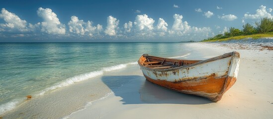 Abandoned wooden boat on a serene white sand beach with clear turquoise waters and dramatic clouds in a tranquil coastal landscape
