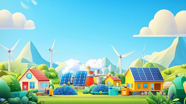 A fun cartoon factory emitting clean energy while processing recyclable materials, with animated solar panels and wind turbines in the background