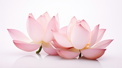 Pink lotus flowers elegantly arranged on a clean white background showcasing their delicate petals and serene beauty.