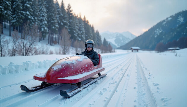 Winter bobsledding adventure through snowy mountains at dusk