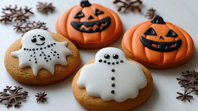 Halloween themed gingerbread cookies featuring ghost and pumpkin designs arranged on a white background with chocolate snowflakes.