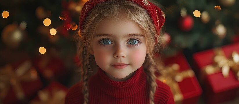 Little girl in festive attire eagerly awaiting Christmas morning by the tree surrounded by beautifully wrapped presents