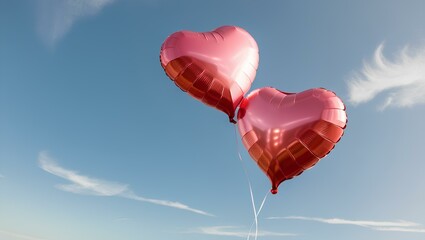 Fototapeta premium Red heart-shaped balloon floating in the sky with clouds, symbolizing love and romance on a clear summer day