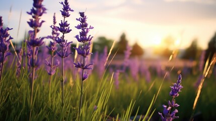 Naklejka premium Lavender flowers in bloom under a vibrant sunset in a scenic wild meadow landscape