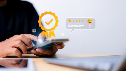 Customer review satisfaction feedback survey concept. Customer can evaluate quality of service...